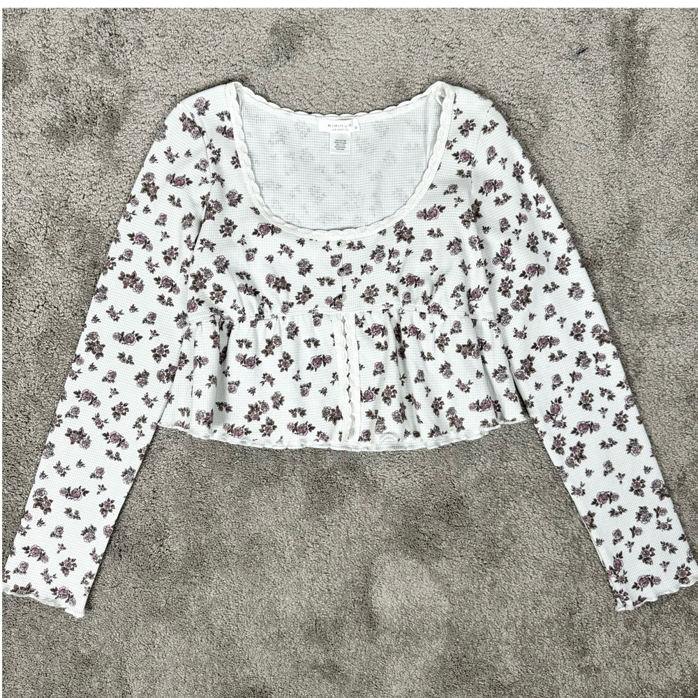 Kirious Babydoll Top Medium White Floral Waffle Knit Long Sleeve Crop Coquette
